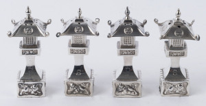 Set of four Chinese silver pagoda shaped condiments, early 20th century, stamped "Sterling", ​7cm high, 104 grams total