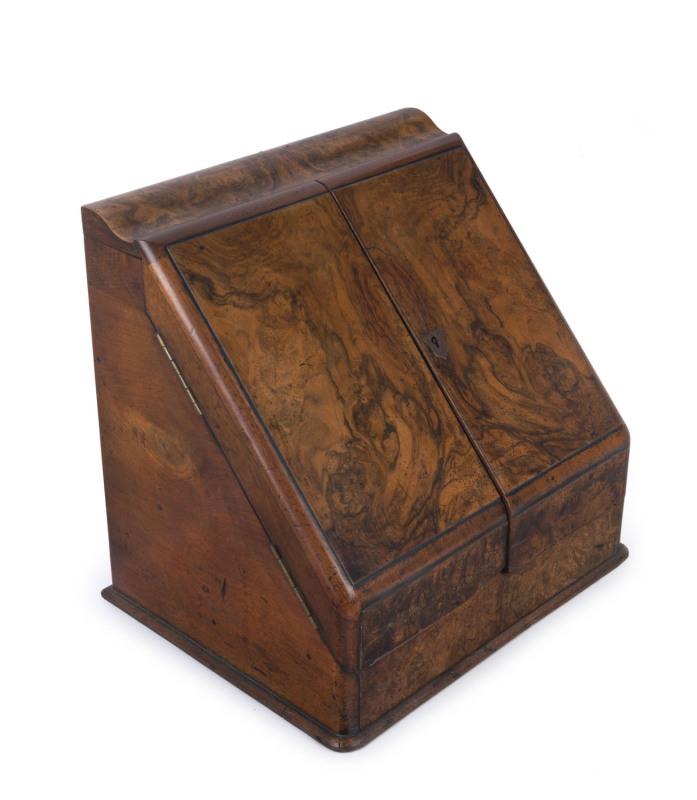 An antique English desktop compendium, interior fitted with numerous pigeonholes and calendar, burr walnut, 19th century, 33cm high, 34cm wide, 26cm deep