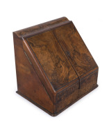 An antique English desktop compendium, interior fitted with numerous pigeonholes and calendar, burr walnut, 19th century, 33cm high, 34cm wide, 26cm deep