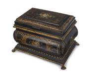 An antique English toleware box, original black lacquer Japanned finish with hand-painted floral vignettes and claw feet, 19th century, 24cm high, 36cm wide, 26cm deep