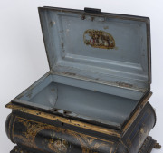 An antique English toleware box, original black lacquer Japanned finish with hand-painted floral vignettes and claw feet, 19th century, 24cm high, 36cm wide, 26cm deep - 2