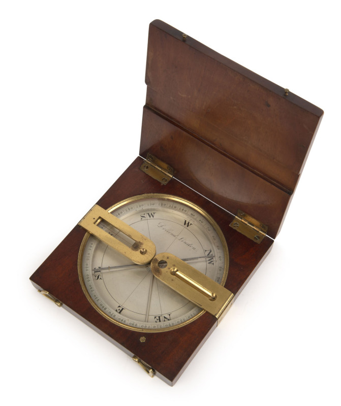 DOLLOND of London traveling sighting compass mounted in original mahogany case, early 19th century, the silvered dial 13cm diameter