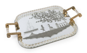 An Italian Murano glass serving tray with acid etched court scene and barley twist gallery, mid 20th century, 62cm across the handles