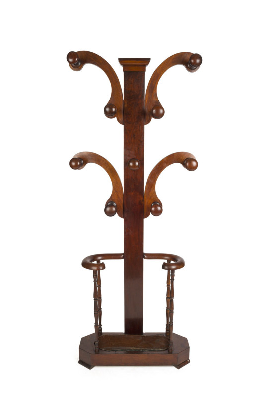 An antique English flame mahogany hall tree, mid 19th century, 108cm high, 80cm wide, 25cm deep