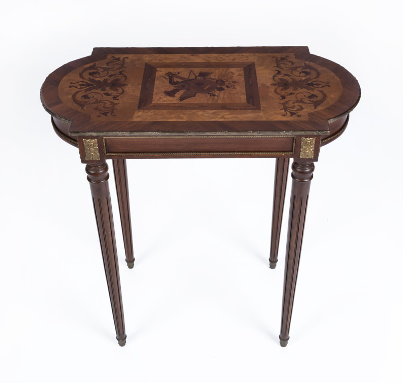 A French Louis XVI style marquetry top table with gilt metal mounts, 20th century, 66cm high, 64cm wide, 34cm deep