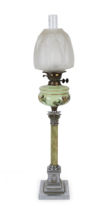 An antique banquet lamp with frosted glass shade, black button double burner, hand-painted green glass font and rare Corinthian column base in green onyx and nickel plate, 19th century, 88cm high