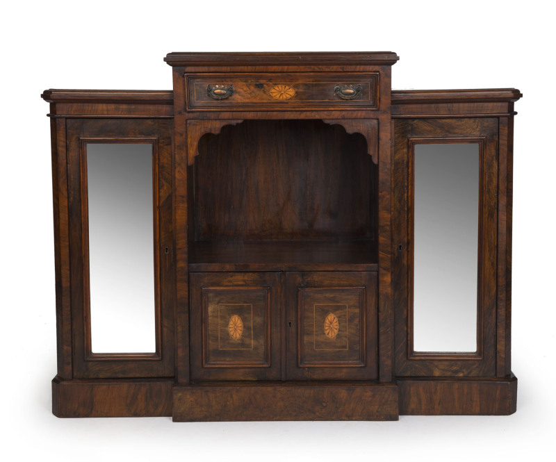 An antique English split level parlour cabinet, burr walnut with mirrored glass doors, 19th century, 92cm high, 120cm wide, 35cm deep