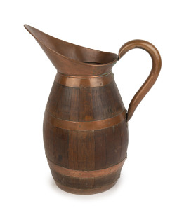 An impressive antique English measuring jug, coopered oak barrel construction with hand-made copper fittings, 19th century, 58cm high, 46cm wide