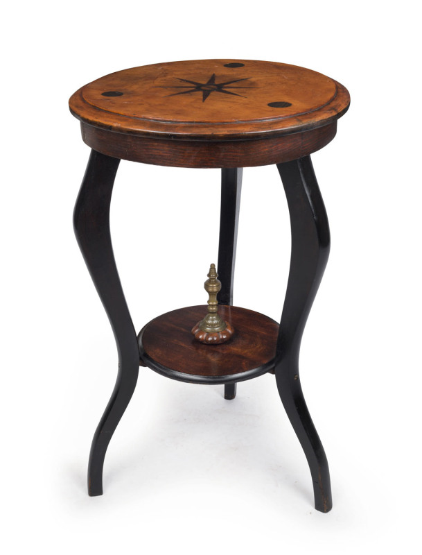 An unusual antique circular occasional table with starburst inlaid top and ebonised legs, late 19th century, 73cm high, 44cm diameter