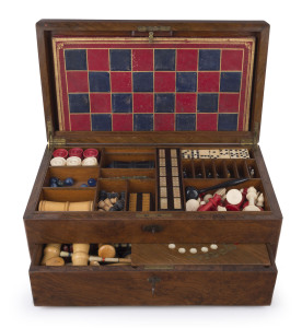 A superb antique walnut games box compendium, interior fitted with gaming pieces and instruction booklet for: Backgammon, Besique, Bell and Hammer, Chess, Cribbage, Dominoes, Draughts, Fox and Geese, German Tactics, Race Game, Siege of Paris, Snail Game, 