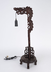 A vintage Chinese dragon table lamp, carved rosewood, mid 20th century, 71cm high