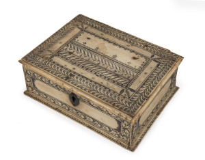 An antique Islamic jewellery box, bone and wood with incised decoration, Egypt, 18th/19th century, 6.5cm high, 17cm wide, 13cm deep. PROVENANCE: The Kovar Collection. East Australia Trading Company, sale No. AA201508, 10th Aug. 2015, lot 168.