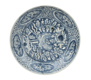 BIN THUAN SHIPWRECK Chinese Swatow ware blue and white ceramic bowl with birds and floral decoration, Ming Dynasty, 16th century. circular label "BIN THUAN SHIPWRECK, 44225", 25.5cm diameter. PROVENANCE: Christie's Auctions, Melbourne.