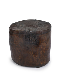 A Korean honey box chest, natural trunk form with iron fittings, 46cm high, 50cm wide, 48cm deep
