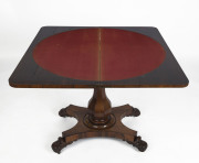 A William IV English rosewood fold-over card table, circa 1835, with furniture manufacturer's label "Martin's Furniture Warehouse.... Brighton..." 74cm high, 91cm wide, 45cm (extends to 90cm) deep - 2