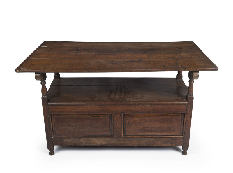 An antique English oak monk's table bench seat, 19th century, 90cm high, 129cm wide, 76cm deep