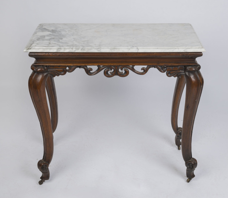 An antique English console table with marble top, 19th century, 78cm high, 81cm wide, 41cm deep