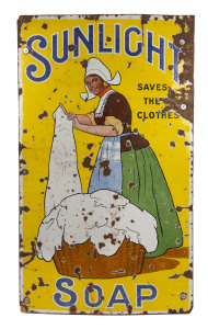 "SUNLIGHT SOAP Saves The Clothes", antique enamel and tin advertising sign, late 19th/early 20th century. Rare, 175 x 107cm