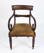 An antique English mahogany carver chair, circa 1825, 54cm across the arms