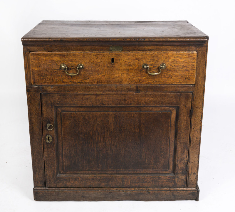 An antique English oak cabinet with single door and drawer, 18th century, cut down sides, 84cm high, 84cm wide, 50cm deep