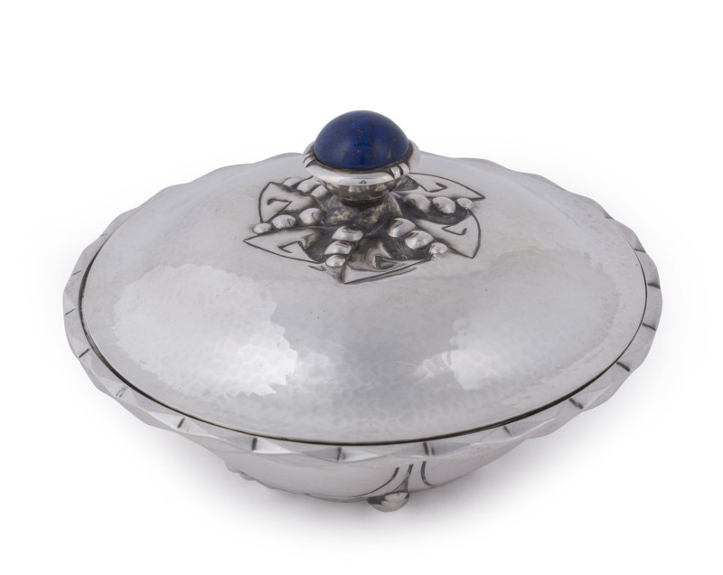 A Dutch silver Art Deco lidded bowl with lapis lazuli finial and gilt wash interior, circa 1925, ​8cm high, 14cm diameter, 335 grams