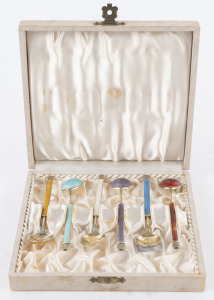 A set of six Danish silver and enamel teaspoons in original box, by A. Michelsen, circa 1940s