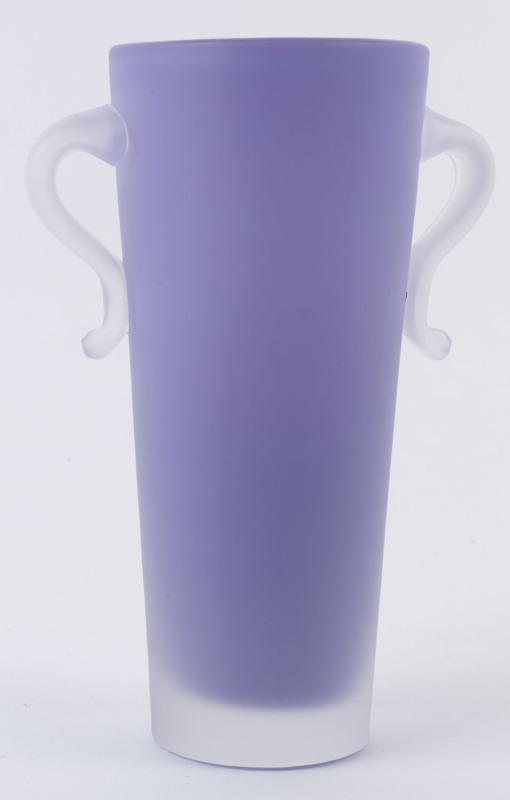 ORREFORS Swedish two handled mauve glass vase by Ann Nielsen, engraved "Orrefors, A.N. 4825.23", 23cm high