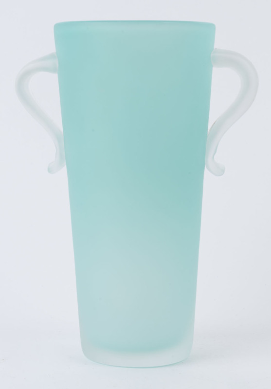 ORREFORS Swedish two handled turquoise glass vase by Ann Nielsen, engraved "Orrefors, A.N. 4823.23", 23cm high