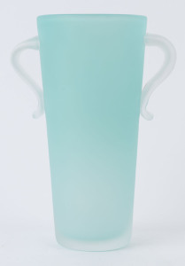 ORREFORS Swedish two handled turquoise glass vase by Ann Nielsen, engraved "Orrefors, A.N. 4823.23", 23cm high