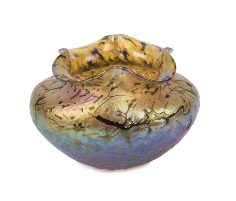 KRALIK Bohemian iridescent Art Nouveau glass vase with frilled rim, circa 1900, 10cm high, 14cm wide