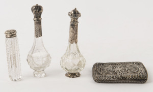 Three antique Continental silver mounted scent bottles and a silver filigree cigarette case, 19th century, (4 items), ​the largest 11.5cm high