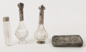 Three antique Continental silver mounted scent bottles and a silver filigree cigarette case, 19th century, (4 items), the largest 11.5cm high