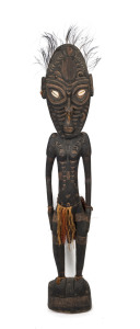 A male ancestral figure, carved wood, feather, fibre and shell with earth pigments, Mindimbit Village, Sepik region, Papua New Guinea, ​140cm high