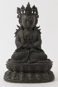 A Tibetan bronze statue of Amitayus wearing a crown and necklaces seated on a double lotus, 19th century, ​35cm high