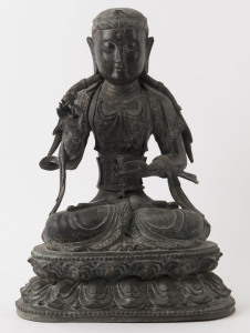 A Tibetan bronze seated Amitayus statue on a double lotus base, holding a cup in his left hand and a lotus in his right, Kangxi period, Qing Dynasty, early 18th century, six character Tang style mark to back, ​38cm high