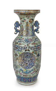 A large and impressive Chinese Canton porcelain vase decorated with butterflies, birds, bats, kui dragon panels and the eight treasures, on celadon ground, Qing Dynasty circa 1870, A/F, 62.5cm high