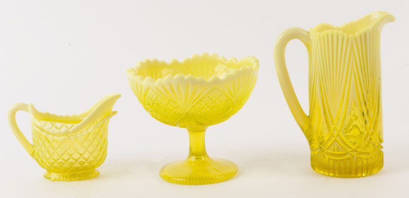 Antique citrine uranium glass compote and two jugs, (3 items), ​the largest 17.5cm high