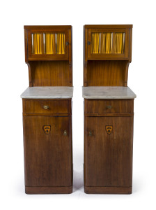 A pair of Austrian Secessionist bedside cabinets, mahogany and marquetry with marble tops, early 20th century, 135cm high, 39cm wide, 36cm deep
