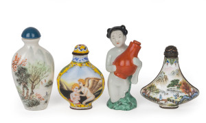 Four assorted Chinese snuff bottles comprising two enamel examples with blue four character marks to bases (early Republic period), a hand-painted porcelain example (Republic period), and a partially nude female figural porcelain example holding a jar wit