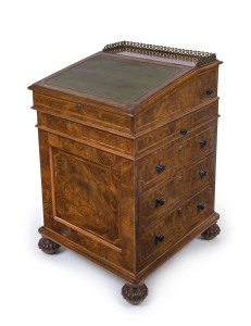 GILLOWS antique English burr walnut Davenport, handsomely fitted with pull-front writing slope, stationary drawer, ink and pen drawer and book rest slide. Original Bramah locks and keys with Gillows' signature melon feet with sunken casters. Stamped "GILLOWS". Superb quality throughout. 86cm high, 53cm wide, 57cm deep