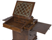 GILLOWS antique English burr walnut Davenport, handsomely fitted with pull-front writing slope, stationary drawer, ink and pen drawer and book rest slide. Original Bramah locks and keys with Gillows' signature melon feet with sunken casters. Stamped "GILL - 3