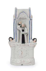 "WESLEY" antique Staffordshire pottery statue of John Wesley with angels and pulpit, circa 1870, ​29cm high