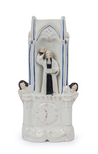 "WESLEY" antique Staffordshire pottery statue of John Wesley with angels and pulpit, circa 1870, 29cm high