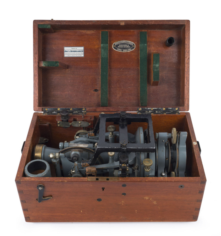 COOKE, TROUGHTON & SIMMS standard English transit 5 inch Vernier theodolite in original mahogany case with additional leather field case and tripod stand, early 20th century, 39cm wide