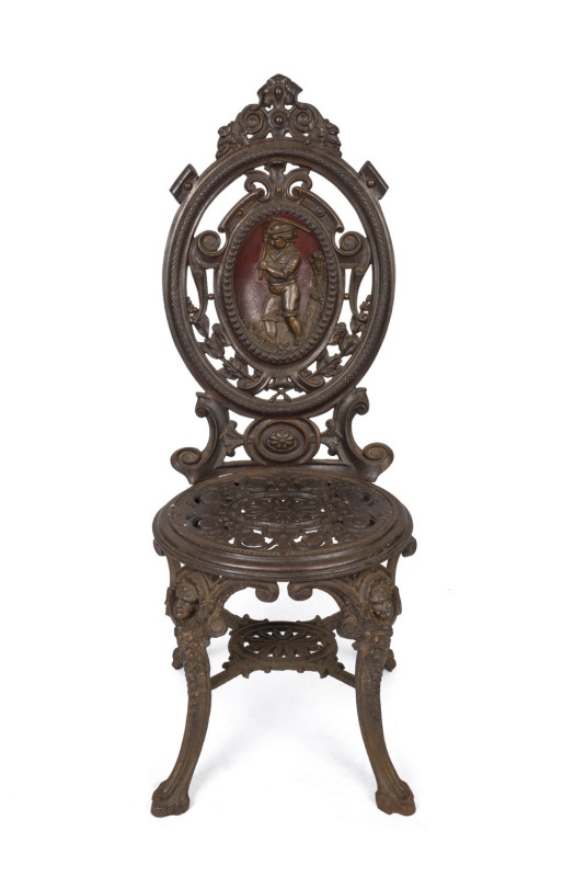 COALBROOKDALE "Four Seasons, Harvest" antique English cast iron garden chair, 19th century, diamond pattern registration mark to back, ​100cm high