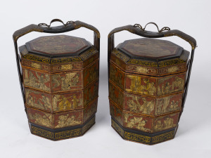 A pair of Chinese stackable boxes in cane and lacquer cradles, 20th century, 65cm high, 46cm wide