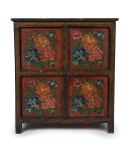 A decorative Chinese four door cabinet with hand-painted floral panels, 19th/20th century, ​87cm high, 76cm wide, 49cm deep