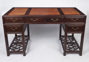 A Chinese rosewood twin pedestal desk with inlaid amboyna panels, 20th century, 84cm high, 150cm wide, 70cm deep