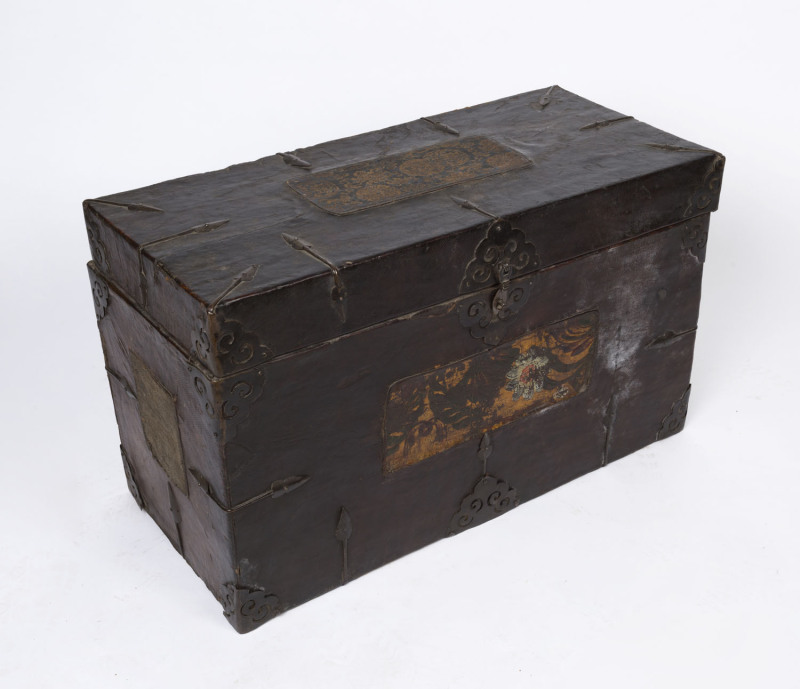 A Chinese lift-top trunk, leather finish with cloth panels and iron fittings, 19th/20th century, ​47cm high, 80cm wide, 37cm deep