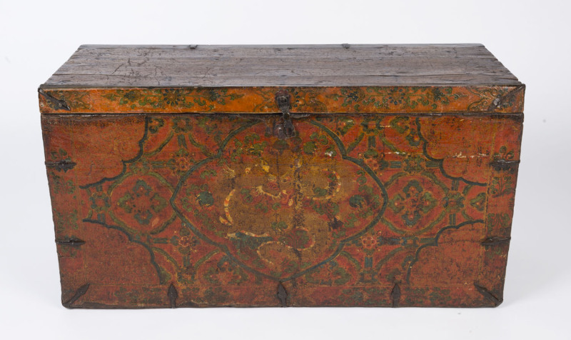 A Chinese lift-top timber trunk with hand-painted floral cloth covered front, early to mid 20th century, 45cm high, 85cm wide, 35cm deep